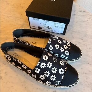 Chanel Black and White Floral Espadrilles